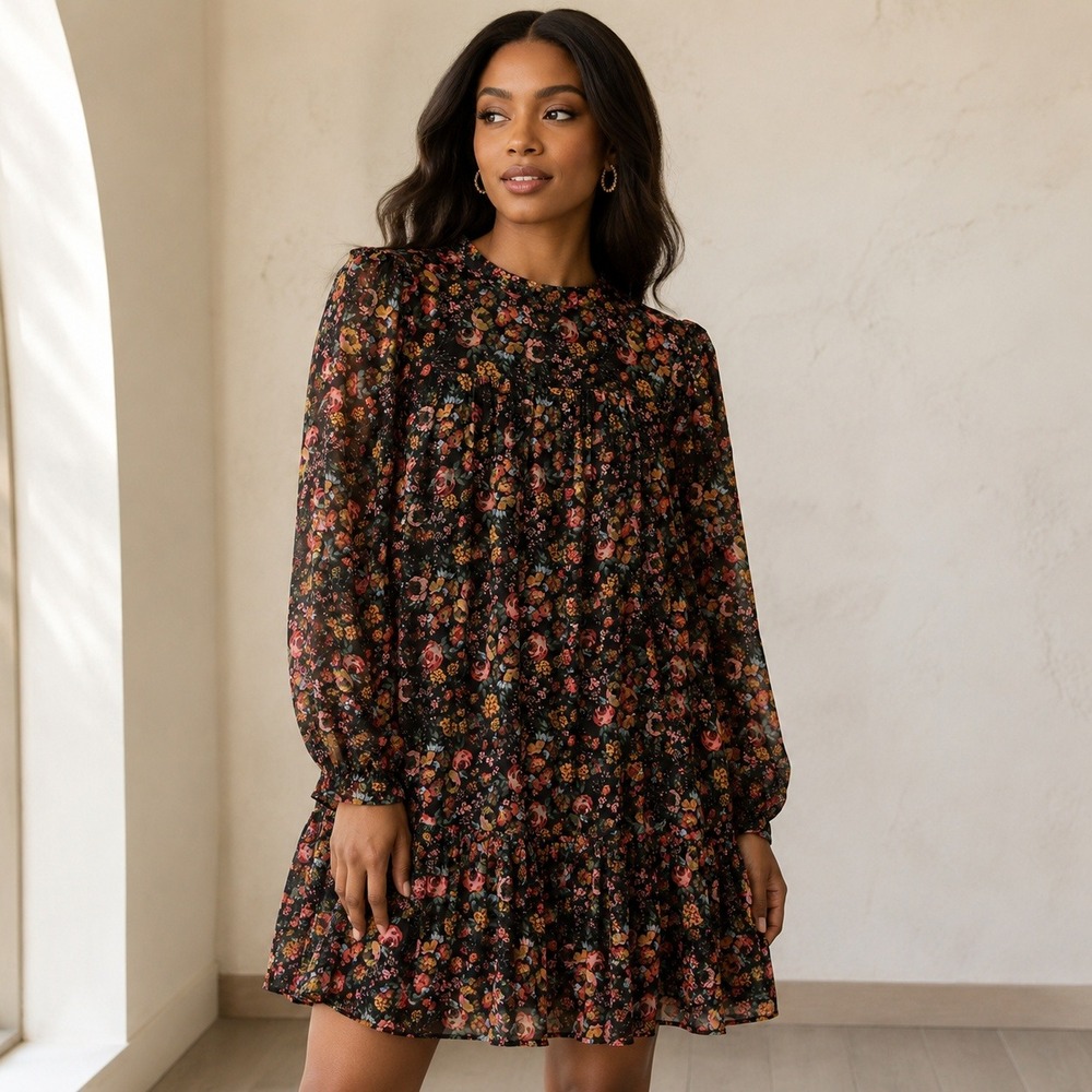 Dress Forum Floral Mini Dress Babydoll Womens S Black Tiered Long Sleeve FD5296